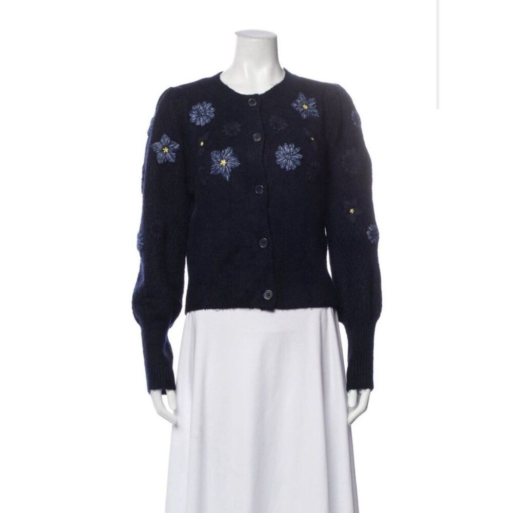Nvlt Authentic Navy Blue Floral Embroidered Long Sleeve Cardigan Sweater Medium